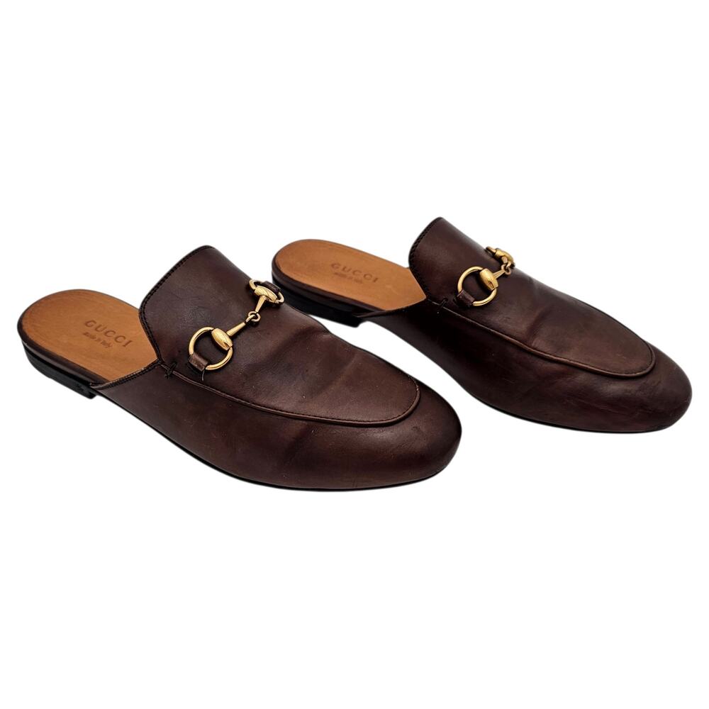 Gucci Brown Leather Horsebit Backless Loafers